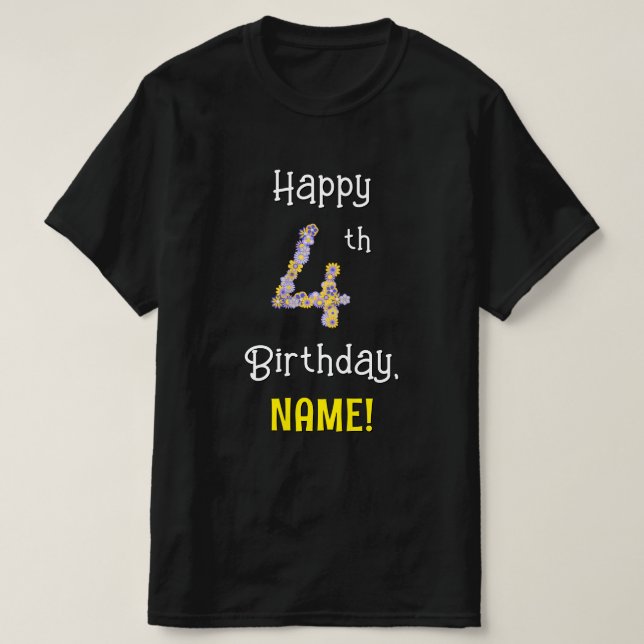 T-shirt 4e anniversaire : Fleurs florales Numéro "4" + Nom (Design devant)