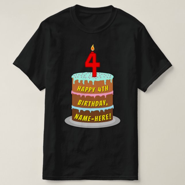 T-shirt 4e anniversaire — Fun Cake & Candle, avec nom pers (Design devant)