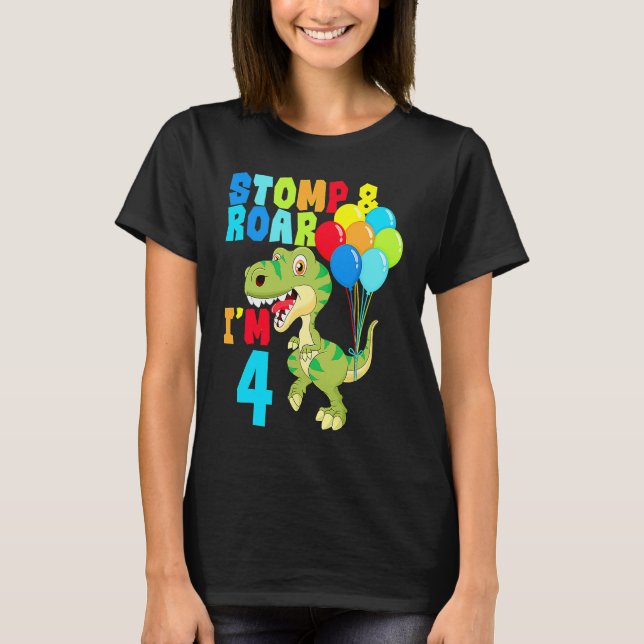 T-shirt 4e anniversaire garçons Dinosaur Stomp & Roar J'ai (Devant)