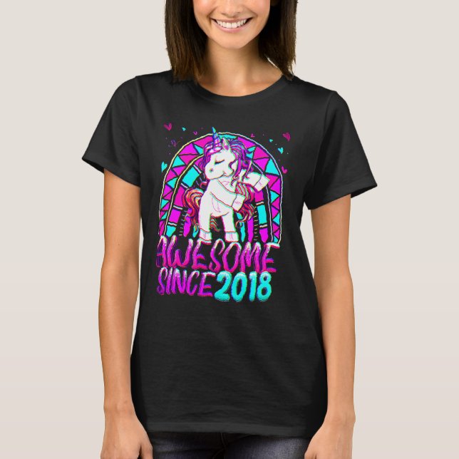 T-shirt 4e anniversaire Rainbow 4 ans Flossing Unicorn G (Devant)