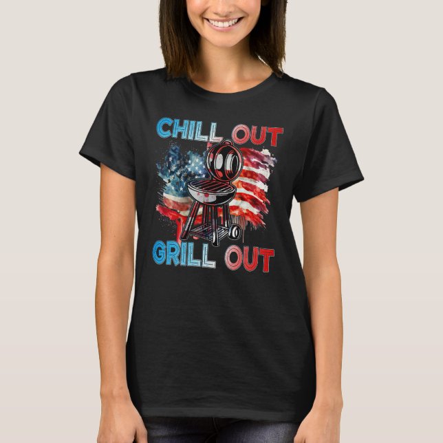 T-shirt 4th July American Independence Day Chill out Grill (Devant)