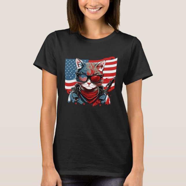 T-shirt 4th Of July American Flag Cat Military Kitten (Devant)
