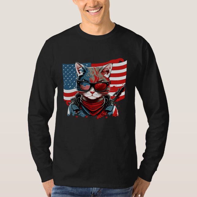 T-shirt 4th Of July American Flag Cat Military Kitten (Devant)