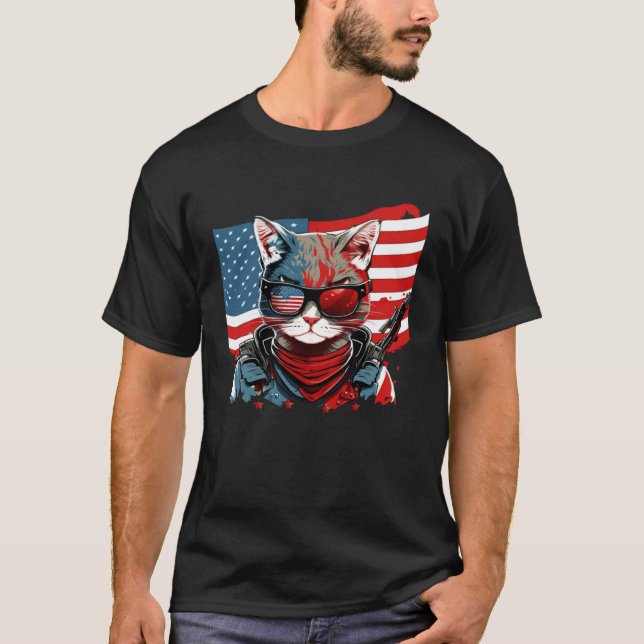 T-shirt 4th Of July American Flag Cat Military Kitten (Devant)