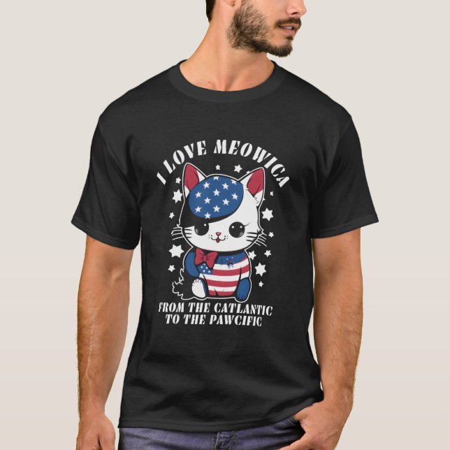 T-shirt 4Th Of July American Flag I Love Meowica Cat (Devant)
