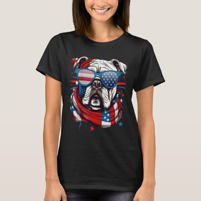 T-shirt 4th Of July Dog Bulldog American Flag Independence (Devant)