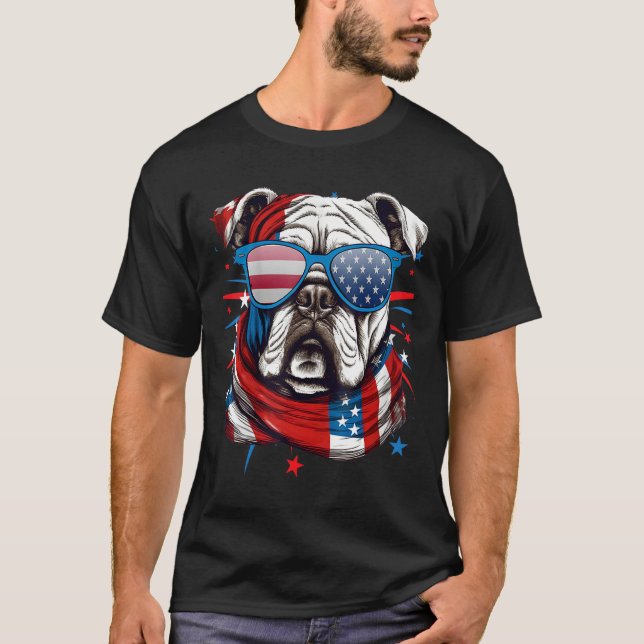 T-shirt 4th Of July Dog Bulldog American Flag Independence (Devant)