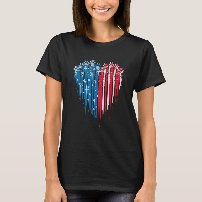 T-shirt 4th Of July Dog Paw Heart American Flag (Devant)