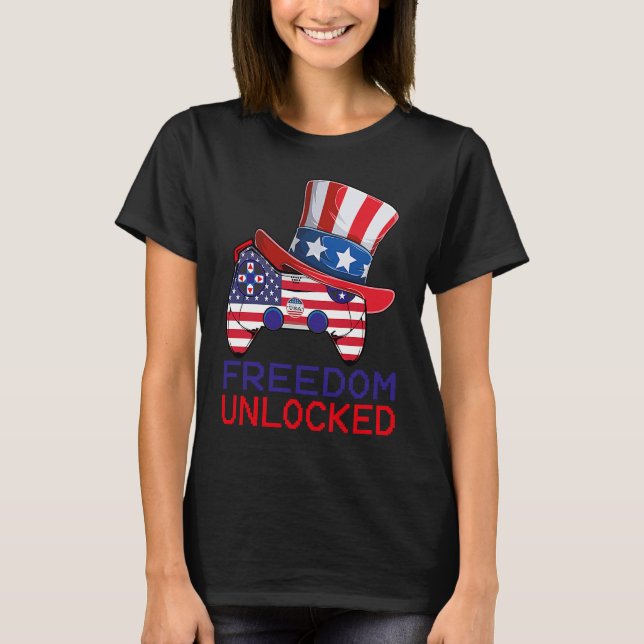 T-shirt 4th Of July Freedom Unlocked Video Game Gamer USA  (Devant)