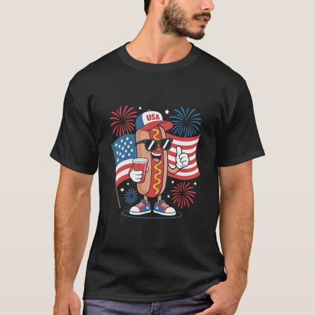 T-shirt 4th Of July Hotdog American Flag Patriotic Firewor (Devant)
