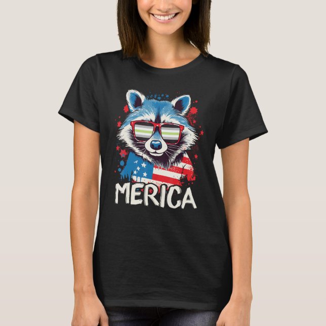 T-shirt 4th Of July Merica Raccoon Agender Sunglasses Flag (Devant)