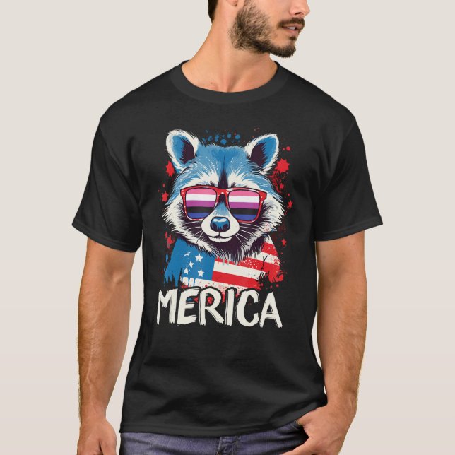T-shirt 4th Of July Merica  Raccoon Gender Fluid Sunglasse (Devant)
