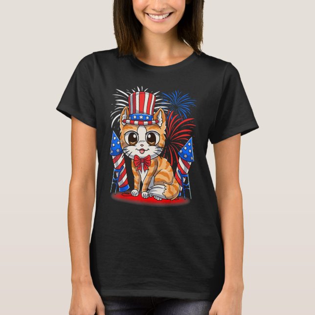 T-shirt 4th of July Patriotic Cat  American Flag Meowica C (Devant)