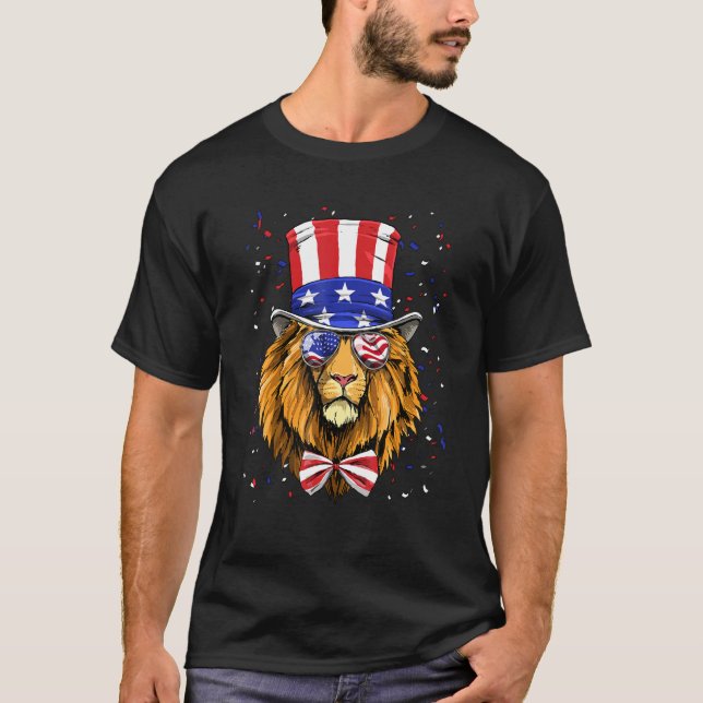 T-shirt 4th of July Patriotic Lion USA Flag Independence L (Devant)
