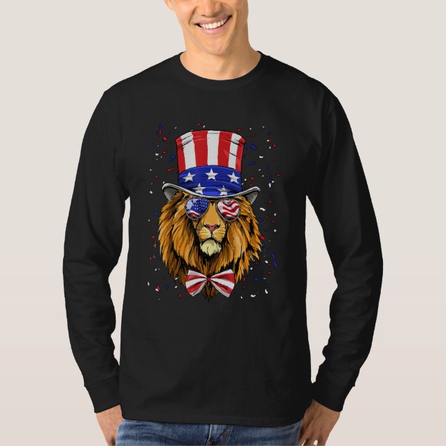 T-shirt 4th of July Patriotic Lion USA Flag Independence L (Devant)