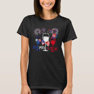 T-shirt 4th Of July Red White Blue Wine Glasses Fireworks 