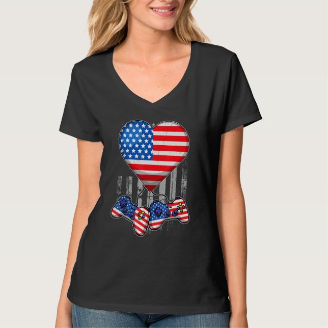 T-shirt 4th Of July T Shirt Video Game Gamer Kids Boys Men (Devant)
