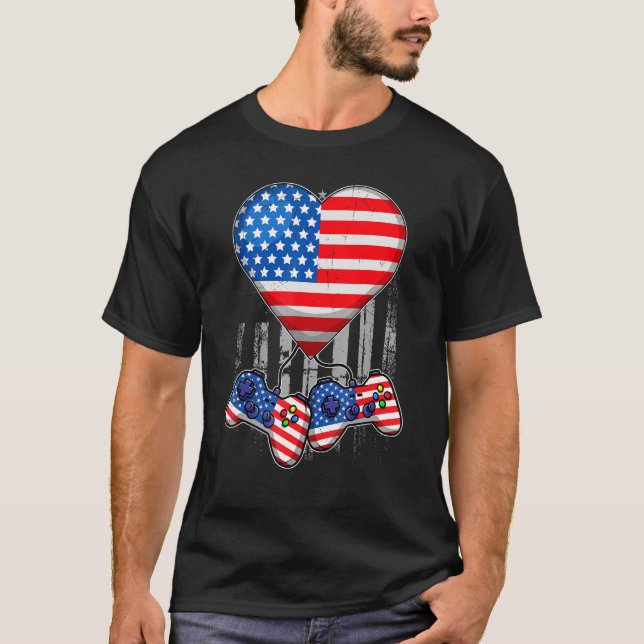 T-shirt 4th Of July T Shirt Video Game Gamer Kids Boys Men (Devant)