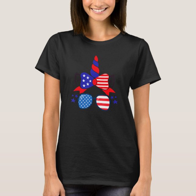 T-shirt 4th Of July Unicorn US Flag Patriotic Women Girls  (Devant)