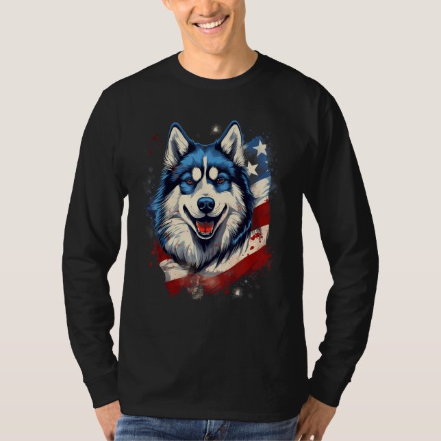 T-shirt 4th Of July US Flag Alaskan Malamute Dog (Devant)