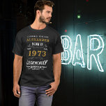 T-shirt 50e anniversaire Ajoutez votre nom Né 1973 Légenda<br><div class="desc">50e anniversaire né en 1973 Ajouter votre nom Tshirt. Modifiez le nom et l'année avec le modèle fourni. Un magnifique Tshirt d'anniversaire noir. Plus de cadeaux et de fournitures de fête disponibles avec le design "légendaire" dans le magasin.</div>