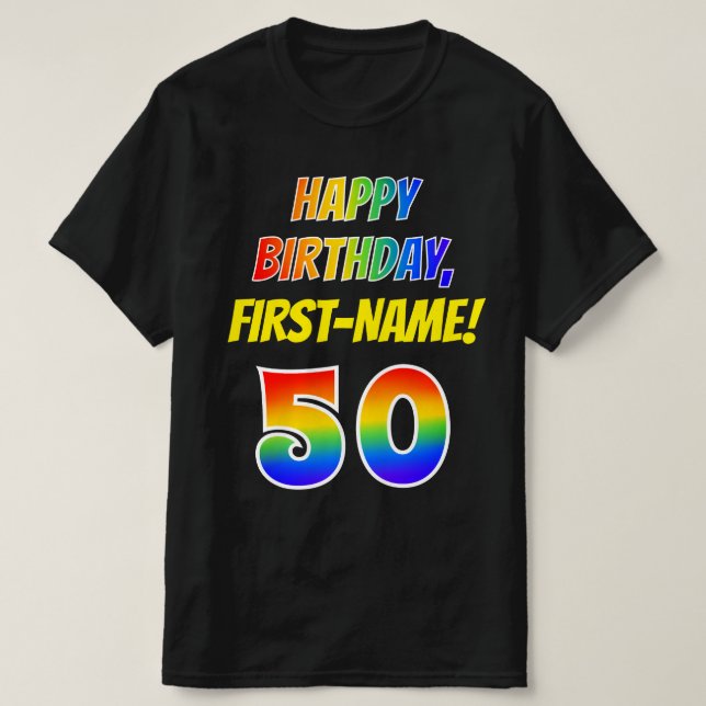 T-shirt 50e anniversaire — Bold, Fun, Rainbow 50, Nom pers (Design devant)