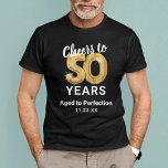 T-shirt 50th Birthday Age to Perfection<br><div class="desc">T-shirt tendance noir et or cinquante ans avec soixante ballons d'hélium or,  le dicton "encourage à 50 ans",  "vieilli à la perfection",  et la date.</div>