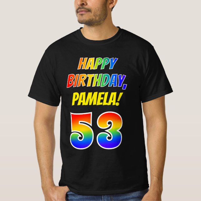 T-shirt 53e anniversaire — Bold, Fun, Rainbow 53, Nom pers (Devant)