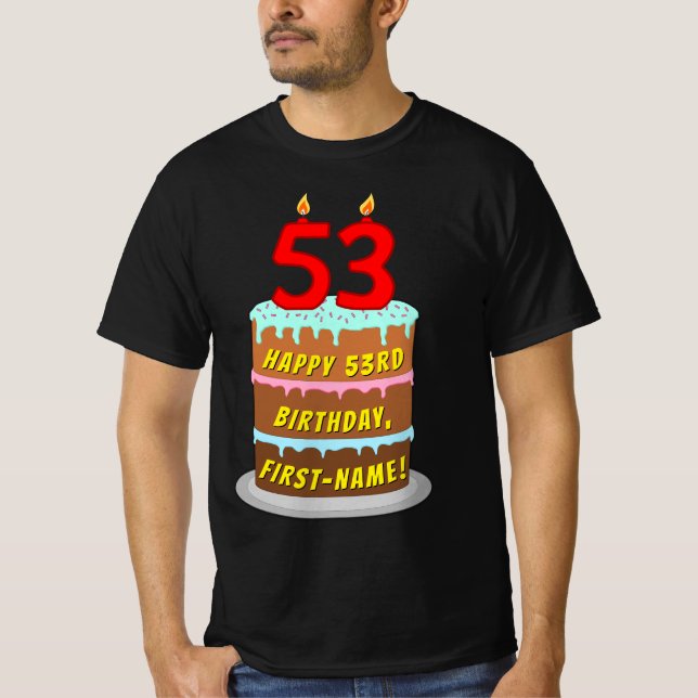 T-shirt 53e anniversaire — Fun Cake & Candles, avec nom pe (Devant)