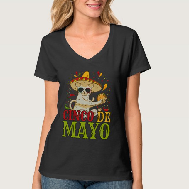 T-shirt 5 Cinco De Mayo  Cat With Mexican Hat And Taco (Devant)
