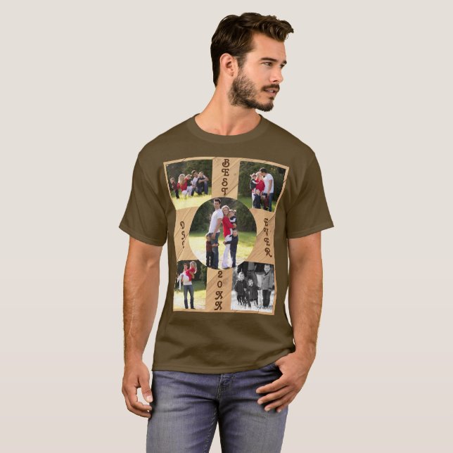 T-shirt 5 Photo Meilleur Papa Jamais 20XX Bois Grain Diago (Devant entier)