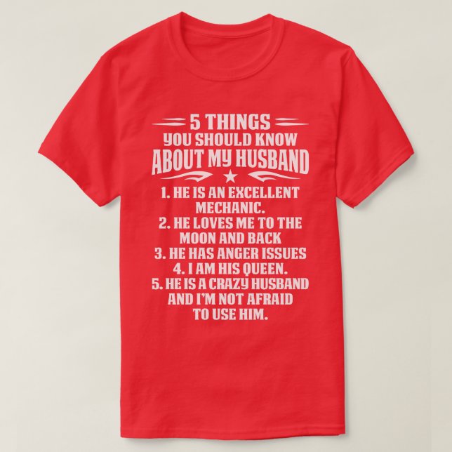T-shirt 5 Things You Should Know About My Mechanic Husband (Design devant)