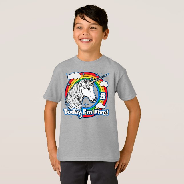 T-shirt 5e anniversaire de l'enfant Rainbow Unicorn Aujour (Devant entier)