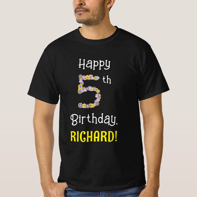 T-shirt 5e anniversaire : Fleurs florales Numéro "5" + Nom (Devant)