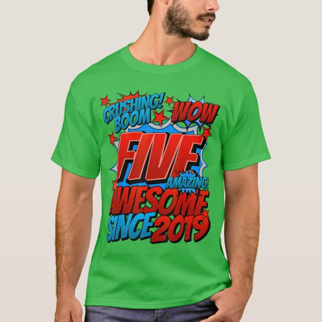 T-shirt 5th Birthday Comic Style Awesome Since 2019 5 Year (Devant)