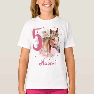 T-shirt 5th Birthday Girl Horse Pastel Pink Five Years