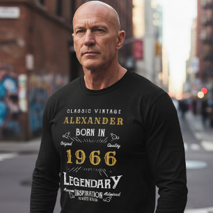 T-shirt 60e anniversaire 1966 Ajouter un nom Noir Or Légen