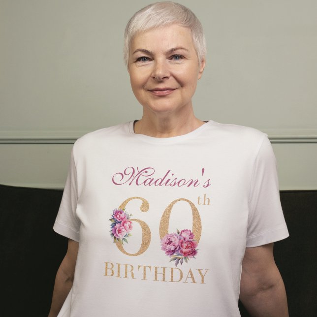 T-shirt 60e anniversaire Pink Peonies Gold Parties scintil (Créateur téléchargé)