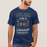 T-shirt 60th Birthday 1962 Ajouter Nom Blue Gold Legendary<br><div class="desc">60e anniversaire ajoutez votre nom Tshirt. Modifiez le nom et l'année avec le modèle fourni. Un magnifique T-shirt bleu d'anniversaire personnalisé. Plus de cadeaux et de fournitures de fête disponibles avec le design "légendaire" dans le magasin.</div>