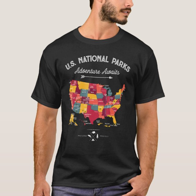 T-shirt 63 Carte des parcs nationaux US Park Retro Camping (Devant)