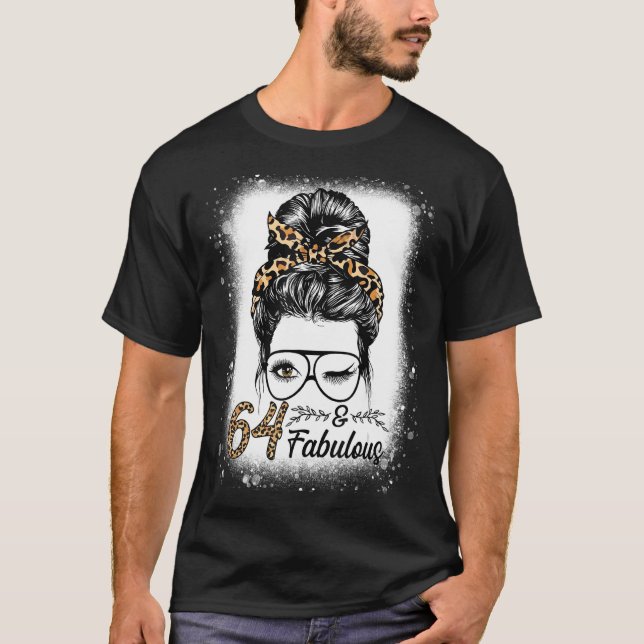 T-shirt 64 Ans Fabuleux Messy Bun Leopard 64e naissance (Devant)