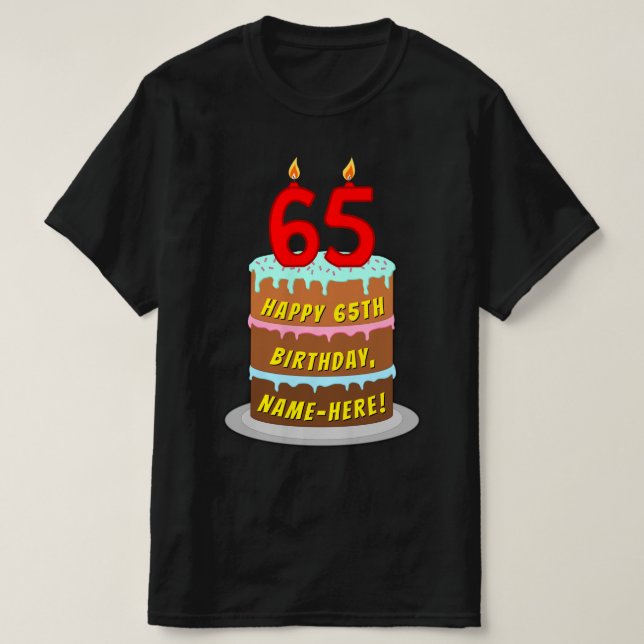 T-shirt 65e anniversaire — Fun Cake & Candles, avec nom pe (Design devant)