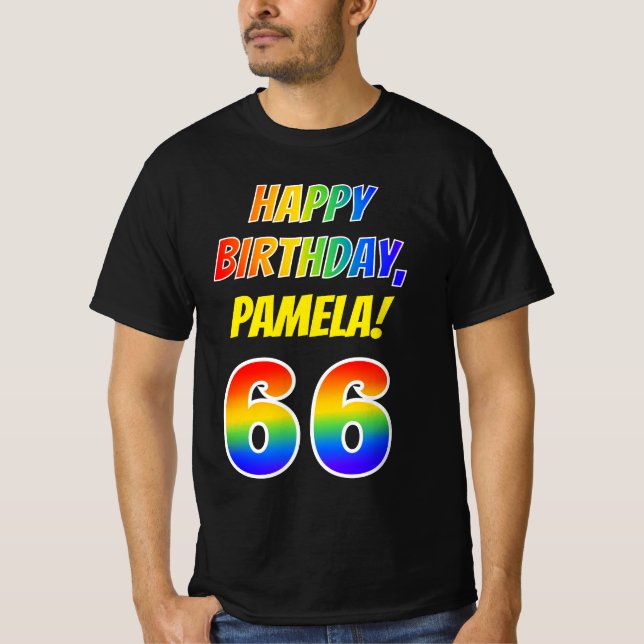 T-shirt 66e anniversaire — Bold, Fun, Rainbow 66, Nom pers (Devant)