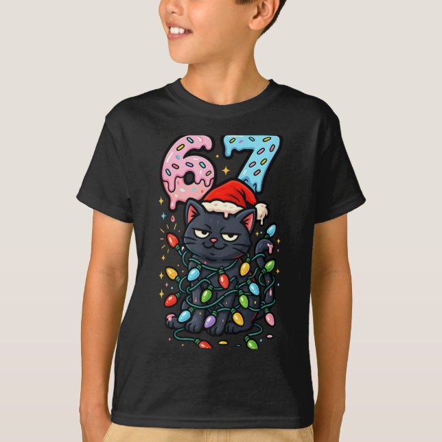 T-shirt 67 Black Cat Christmas Ice Cream Drip Santa Hat Si (Devant)