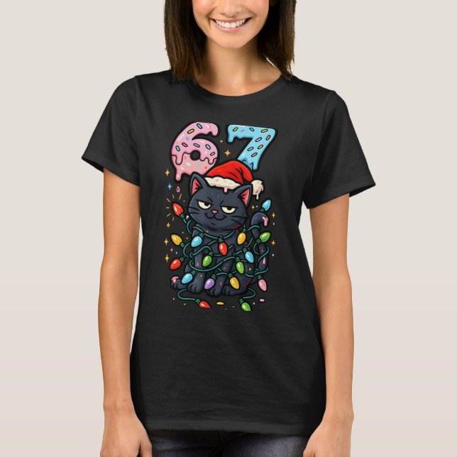 T-shirt 67 Black Cat Christmas Ice Cream Drip Santa Hat Si (Devant)