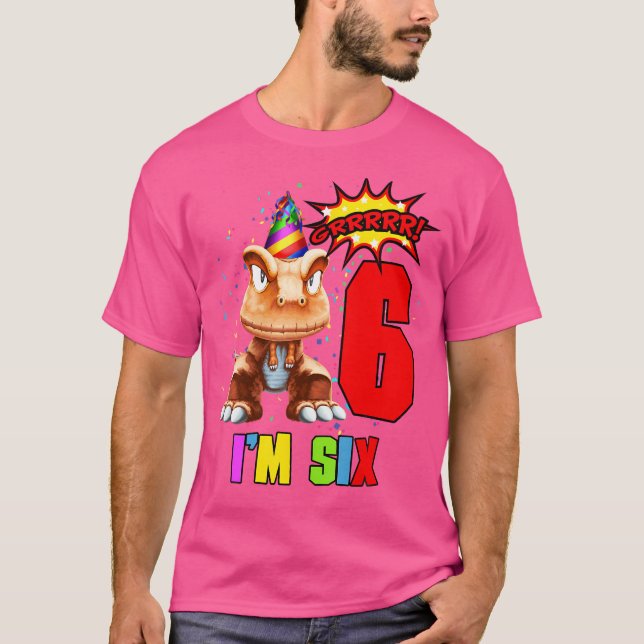 T-shirt 6 Ans 6E Anniversaire Je Suis Six Dinosaur Bi Amus (Devant)