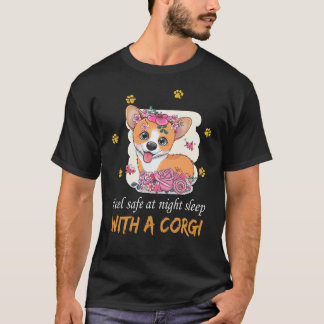 T-shirt 6 Corgi de dessin animé avec des fleurs sur fond b