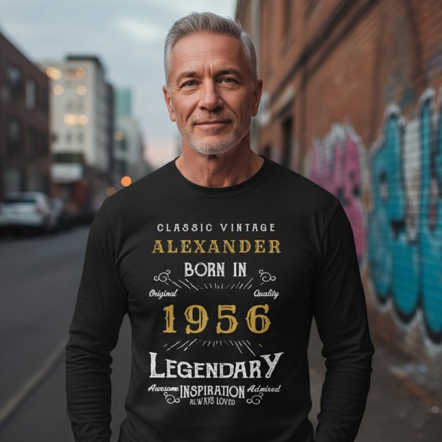 T-shirt 70th Birthday 1956 Add Name Black Gold Legendary (Born 1956 birthday long sleeve t-shirt. Background out of focus.)
