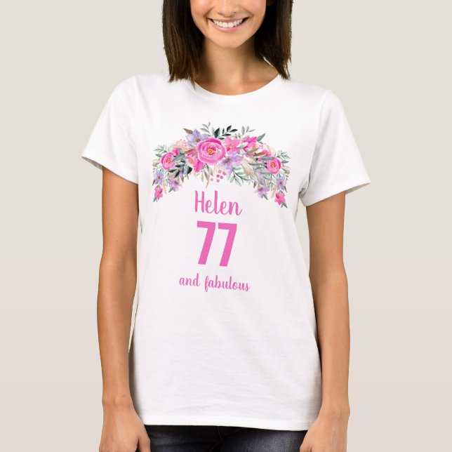 T-shirt 75e anniversaire nom floral rose (Devant)