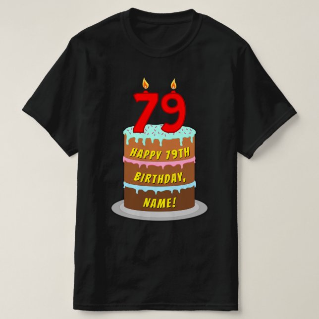 T-shirt 79e anniversaire — Fun Cake & Candles, avec nom pe (Design devant)